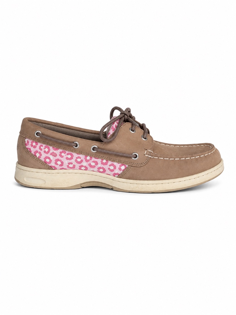 Sperry Leather Boat Shoes Tan Pink Leopard Accent Slip On Dock Preppy Summer 8